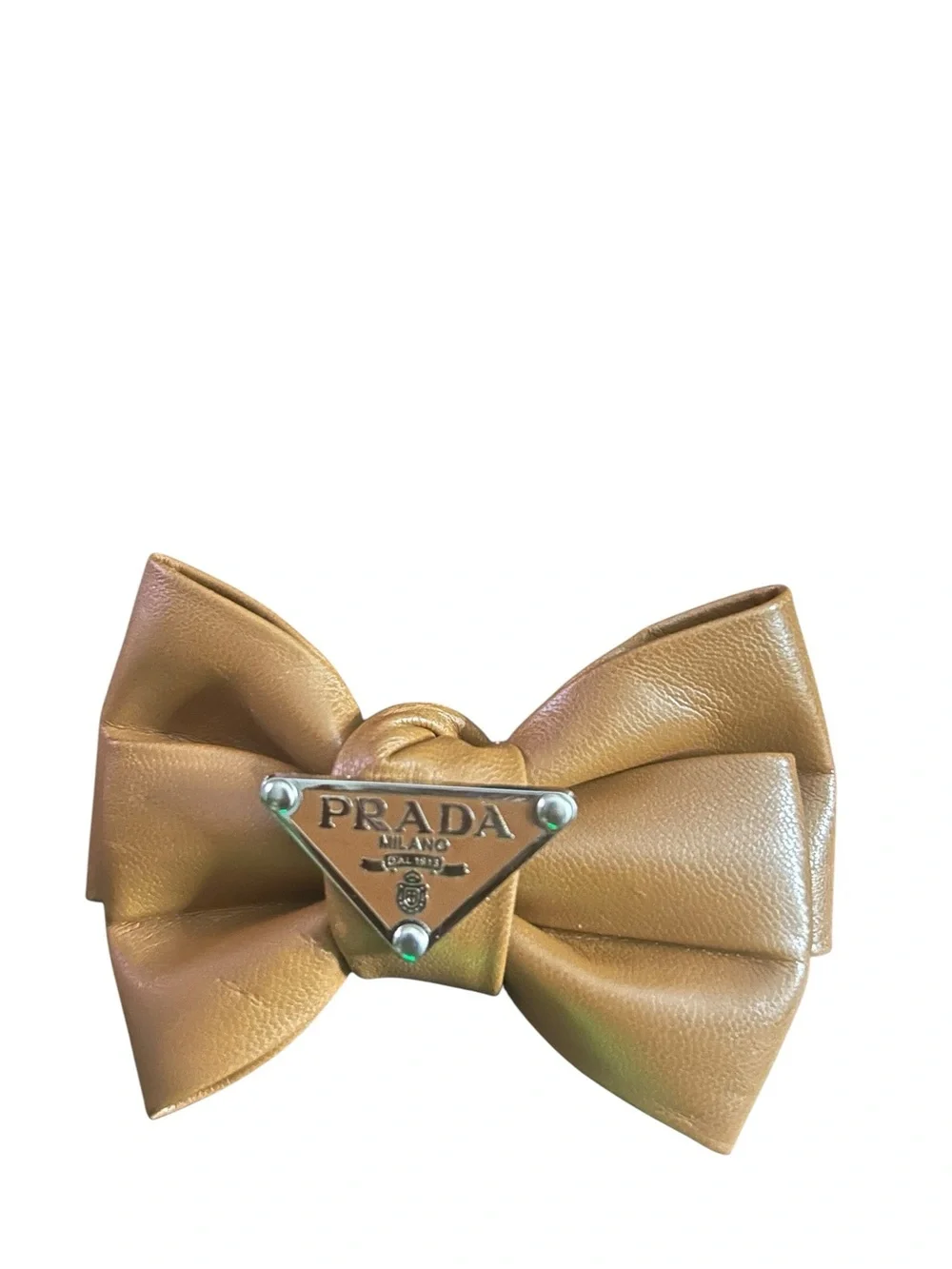 Tan Leather Bow Hair Clip with Logo Plaque